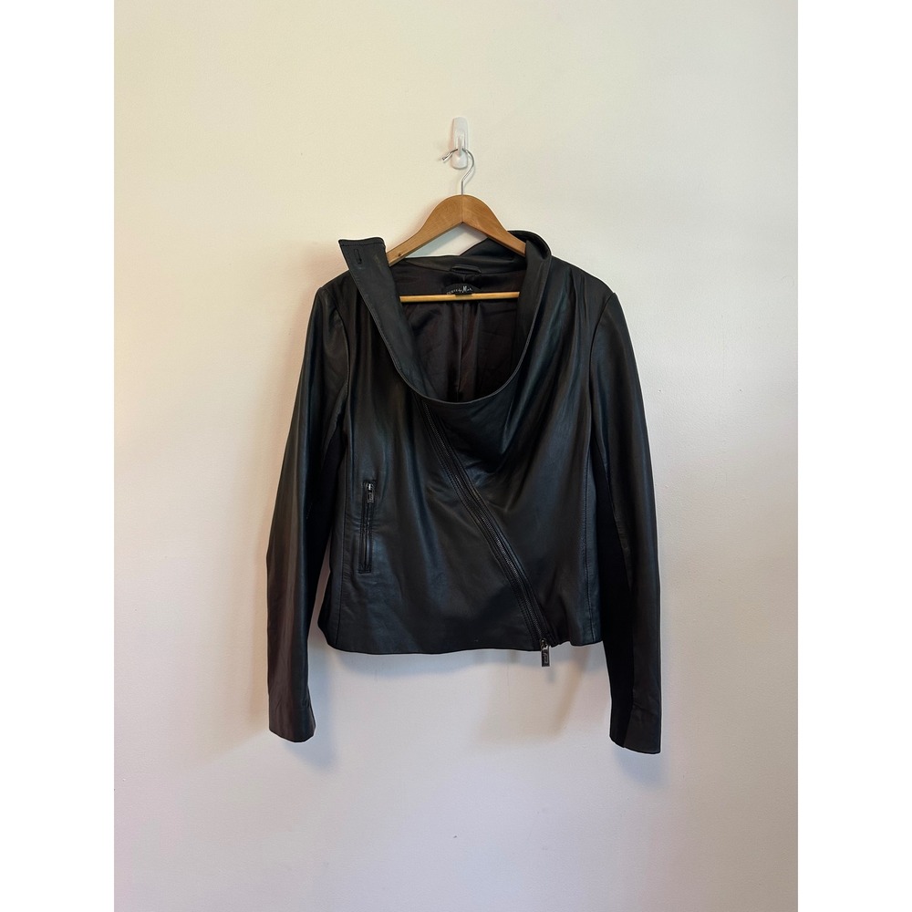 Guess by Marciano Black Lamb Leather Asymmetrical Zip Cowl Neck Jacket | Large